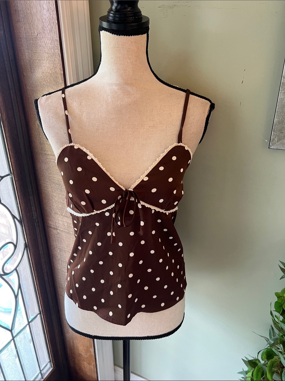 Monteau Brown and White Polka Dot Lace-Trim Cami